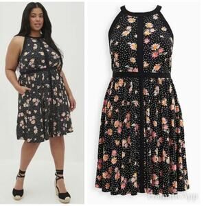 Torrid Halter Skater Dress- Studio Knit Floral Black High Neck EUC 4X